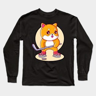 Cute Shiba Inu Playing Hockey Long Sleeve T-Shirt